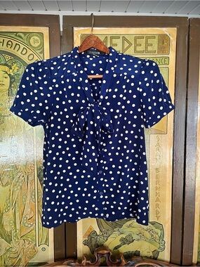 Vintage Y2K Forever 21 Navy Polka Dot Tie-Neck Sexy Librarian Blouse (Med)